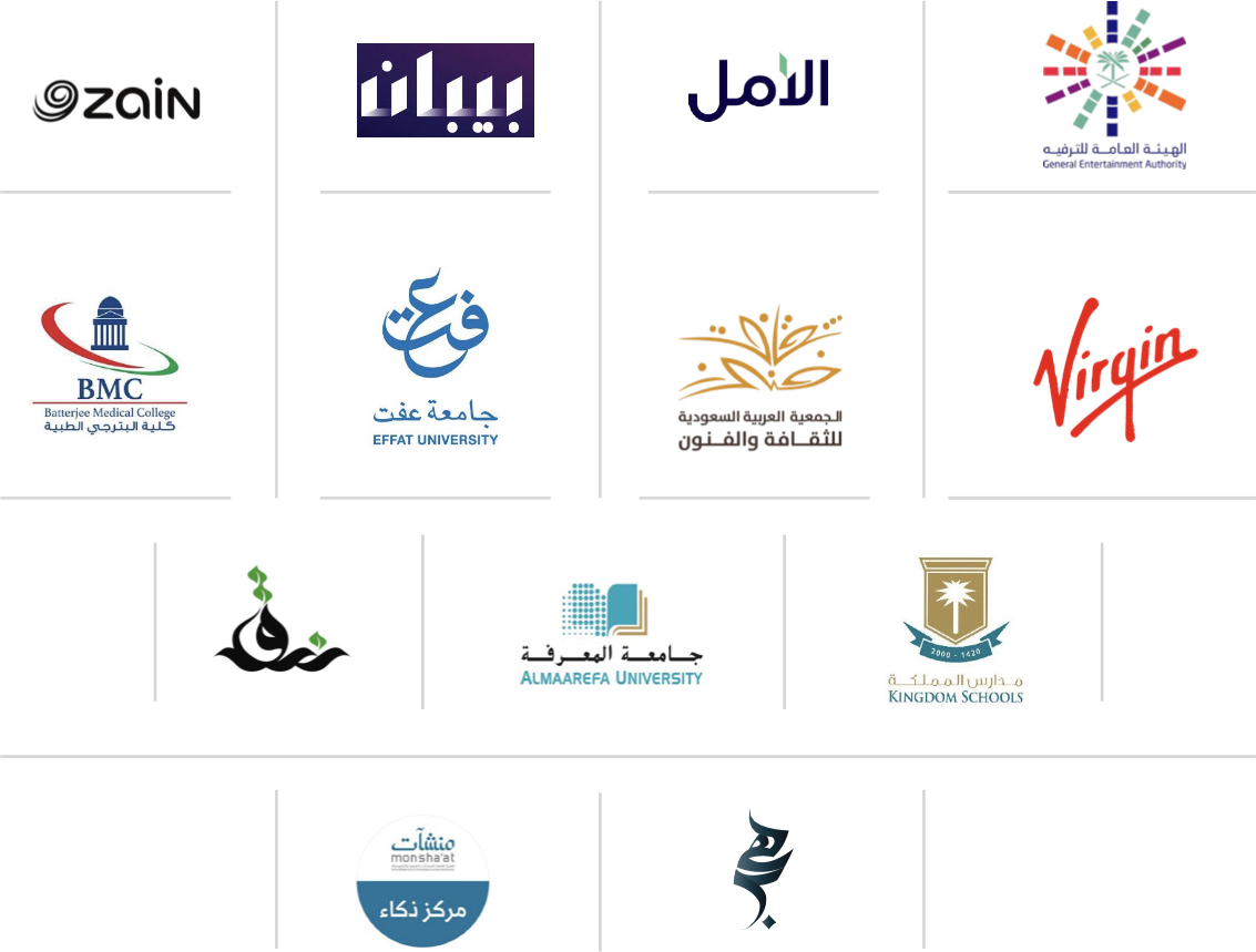 شركاء نبلاء: زين، بيبان، الأمل، الهيئة العامة للترفيه، جامعة عفت، فيرجن، جامعة المعرفة، مدارس المملكة، منشآت، الجمعية العربية السعودية للثقافة والفنون، BMC